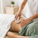 Fisioterapeuta aplicando diatermia externa en el abdomen bajo de una paciente en Fisiolou, Ciudad Lineal
