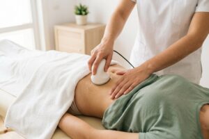 Fisioterapeuta aplicando diatermia externa en el abdomen bajo de una paciente en Fisiolou, Ciudad Lineal