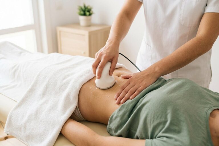 Fisioterapeuta aplicando diatermia externa en el abdomen bajo de una paciente en Fisiolou, Ciudad Lineal